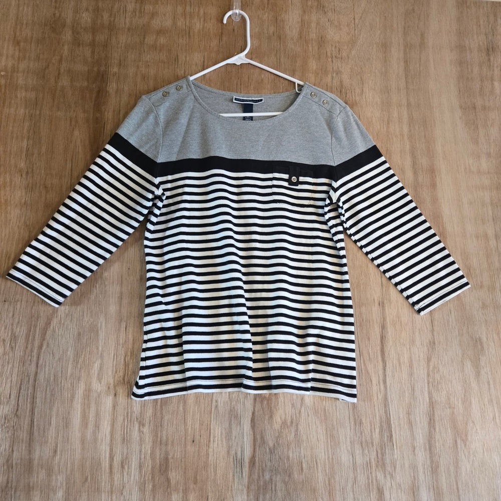 Striped 3/4 Sleeve Top Grey Navy Blue White Large Nautical Coastal Old Money
